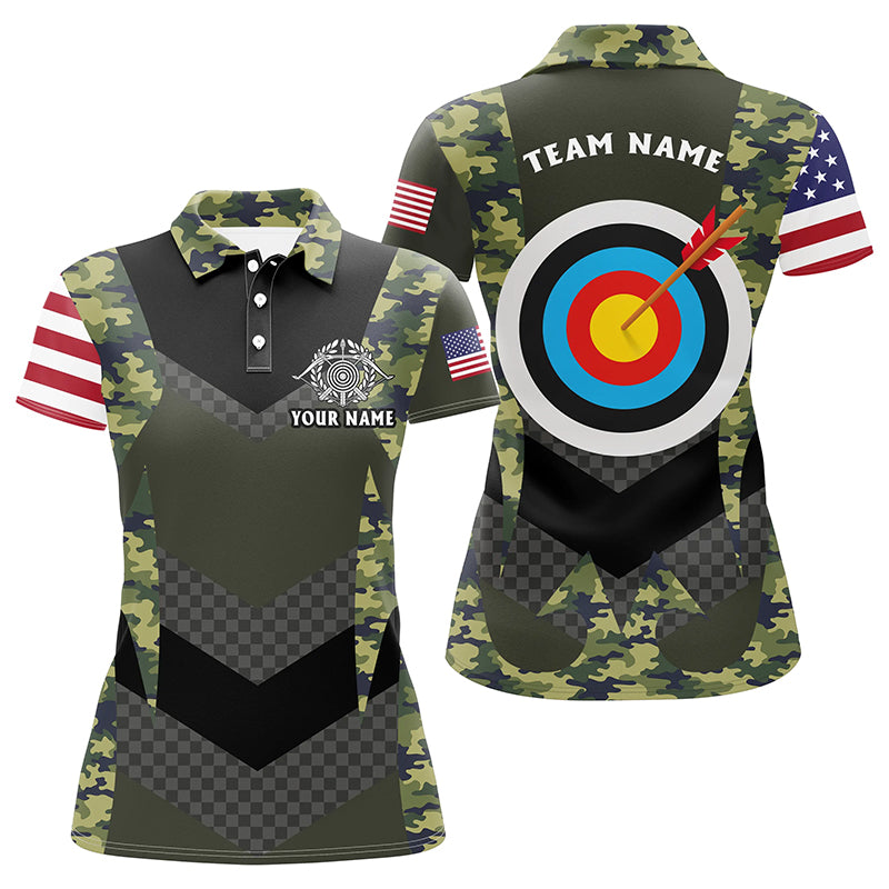 Personalized US Flag Camouflage Target Archery 3D Polo Shirts For Women, Custom Archery Team Jerseys VHM1059