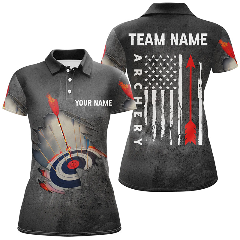 Personalized US Flag Arrow Archery Polo Shirts For Women, Custom Flaming 3D Target Archery Shirts VHM0736
