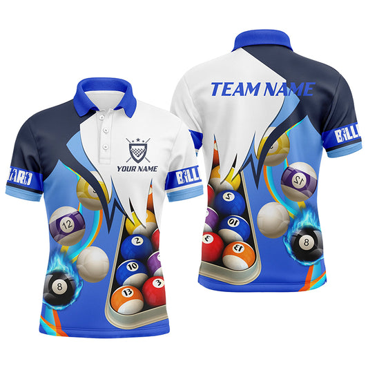 Billiard Blue Personalized Name 3D Polo Shirts For Men, Custom Player Billiards Jerseys VHM0140