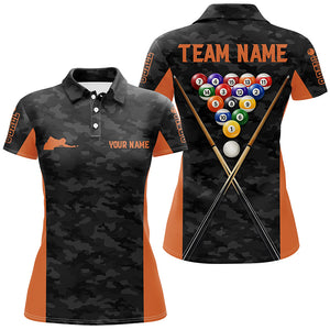 Personalized Orange Grey Camouflage 8 Ball Billiard 3D Polo Shirts For Women, Billiards Jerseys VHM0393