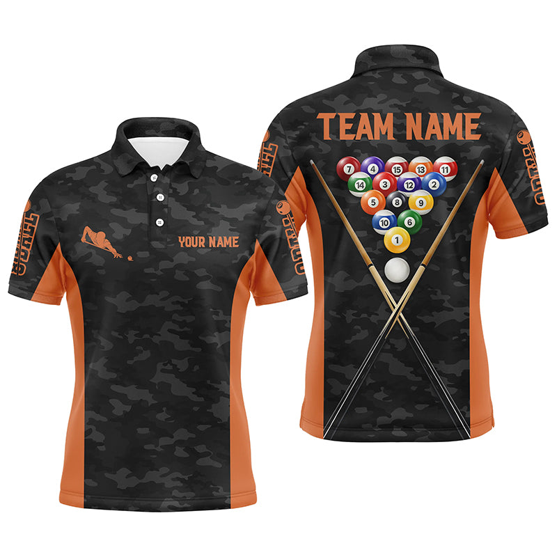 Personalized Orange Grey Camouflage 8 Ball Billiard 3D Polo Shirts For Men, Custom Billiards Jerseys VHM0393