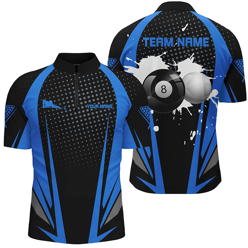 Personalized Paint Billiard Balls Black Blue 3D Quarter-Zip Shirts For Men, 8 Ball Billiards Shirts VHM1088
