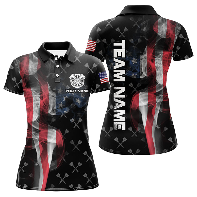 Personalized Smoke US Flag Dart Polo Shirts, Custom Patriotic Darts Shirts For Women Dart Jerseys VHM1096