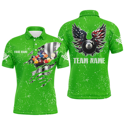 Personalized US Flag Billiard Balls 3D Polo Shirts For Men, Green Billiard 8 Ball Wings Jerseys VHM1007