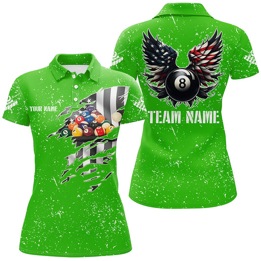 Personalized US Flag Billiard Balls 3D Polo Shirts For Women, Red Billiard 8 Ball Wings Jerseys VHM1007