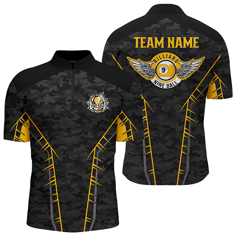 Personalized Camo Yellow 9 Ball Pool Quarter-Zip Shirts For Men, Billiard 9 Ball Team Jerseys VHM0778