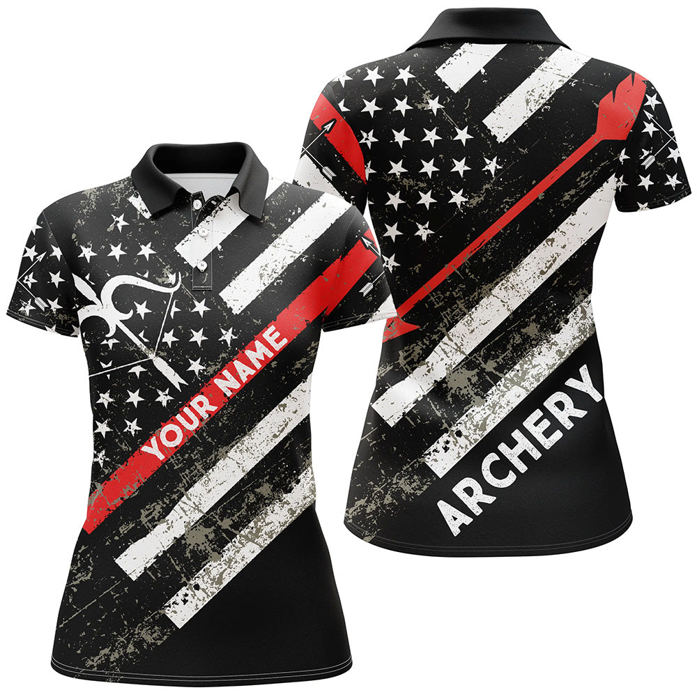Personalized Grunge American Flag Bow Archery Polo Shirts For Women, Custom Arrow Archery Shirts VHM0791