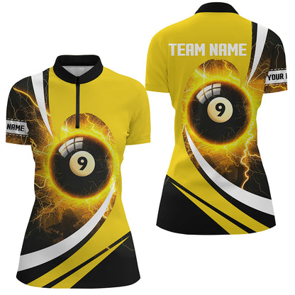 Personalized Thunder Lighting Yellow 9 Ball Billiards Shirts For Women Custom 9 Ball Pool Jerseys VHM1173