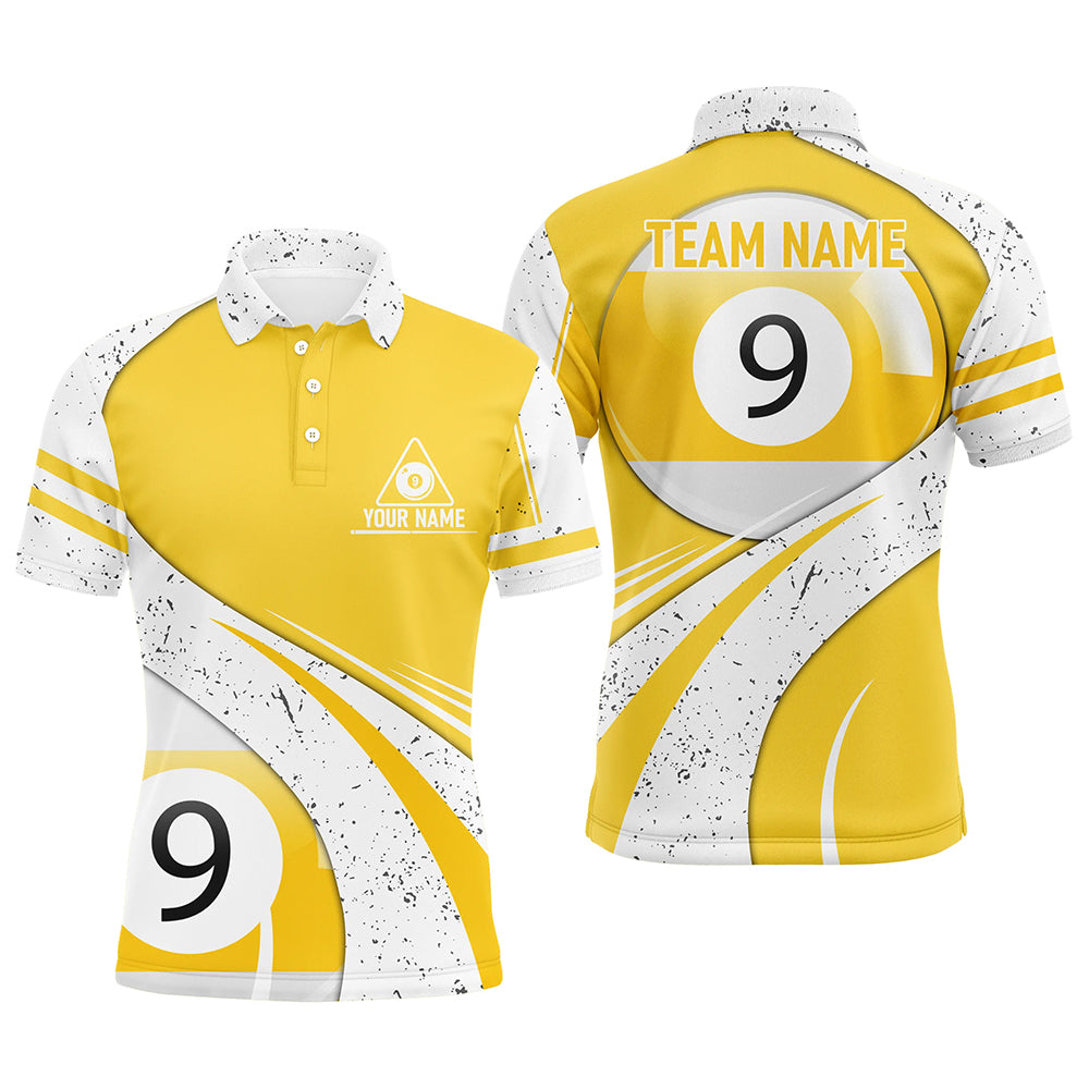 Personalized 9 Ball Pool Yellow White Grunge Billiard Polo Shirts For Men, 9 Ball Billiard Jerseys VHM0509