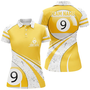 Personalized 9 Ball Pool Yellow White Grunge Billiard Polo Shirts For Women, 9 Ball Billiard Jerseys VHM0509