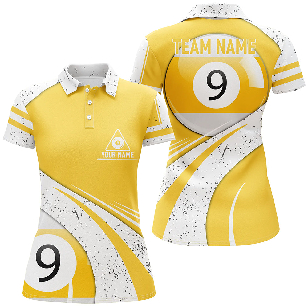 Personalized 9 Ball Pool Yellow White Grunge Billiard Polo Shirts For Women, 9 Ball Billiard Jerseys VHM0509