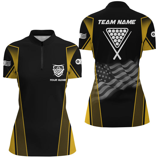 Personalized US Flag 8 Ball Pool 3D Quarter-Zip Shirts For Women, Black Yellow Billiard Balls Jerseys VHM1051