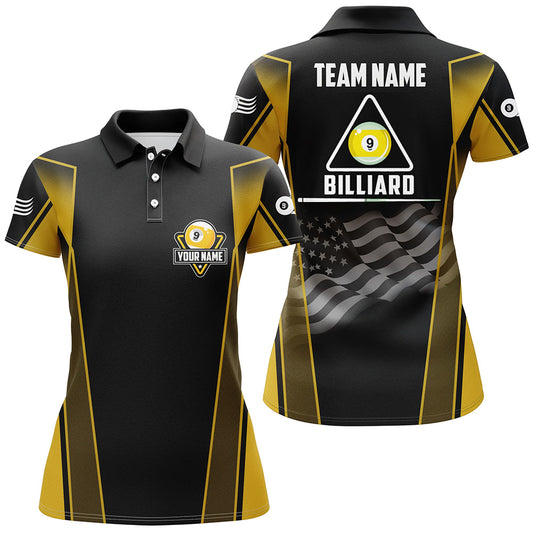 Personalized US Flag 9 Ball Pool 3D Polo Shirts For Women, Style Black Yellow Billiard 9 Ball Jerseys VHM1052