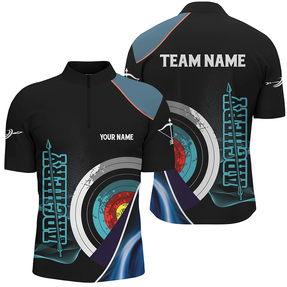 Personalized 3D Targets Archery Quarter-Zip Shirts For Men, Custom Blue Black Archery Team Shirts VHM0600