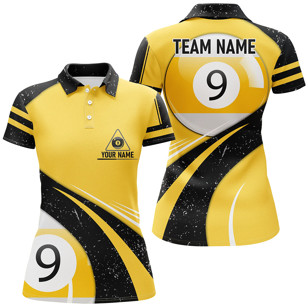 Personalized 9 Ball Pool Yellow Black Grunge Billiard Polo Shirts For Women, 9 Ball Billiard Jerseys VHM0633