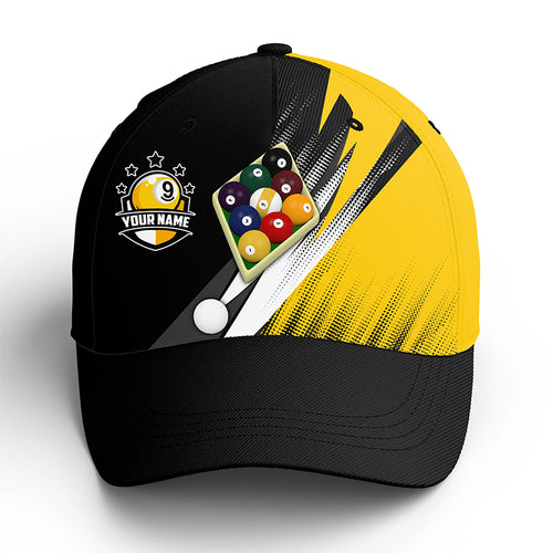 Billiard 9 Ball Pool Custom Name Yellow Black 3D Billiards Hat Cap, Adjustable Top Hat Billiards VHM0454