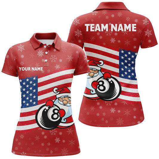 Personalized US Flag 8 Ball Pool With Santa Christmas Billiard Polo Shirts For Women, Billiard Shirts VHM0670
