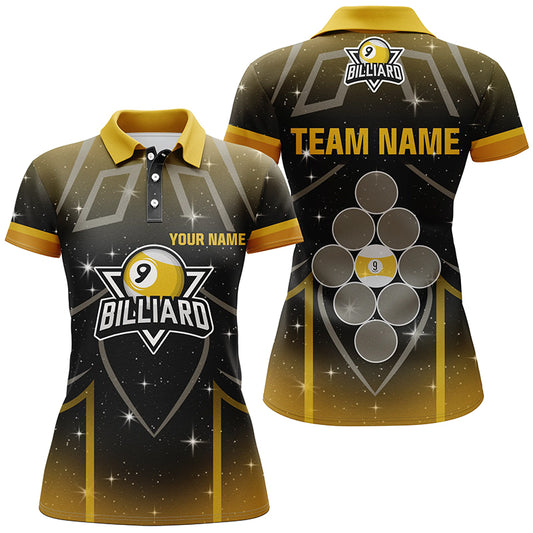 Personalized 9 Ball Pool Yellow Black Billiard 3D Polo Shirts For Women, 9 Ball Billiard Jerseys VHM0497