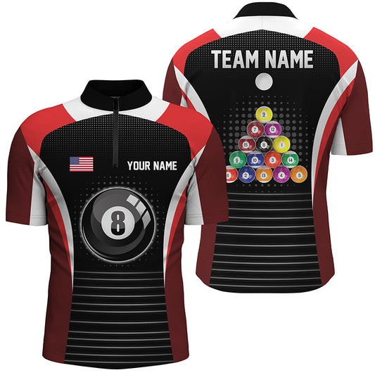Personalized US Flag 8 Ball Pool Red Black Billiard Quarter-Zip Shirts For Men, Billiards Jerseys VHM0502