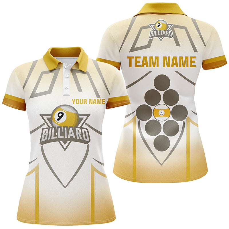 Personalized 9 Ball Pool Yellow White Billiard 3D Polo Shirts For Women, 9 Ball Billiard Jerseys VHM0535