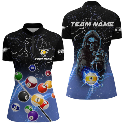Thunder Lighting Blue Billiard Balls Quarter-Zip Shirts For Women Custom Skull 9 Ball Pool Shirts VHM1123