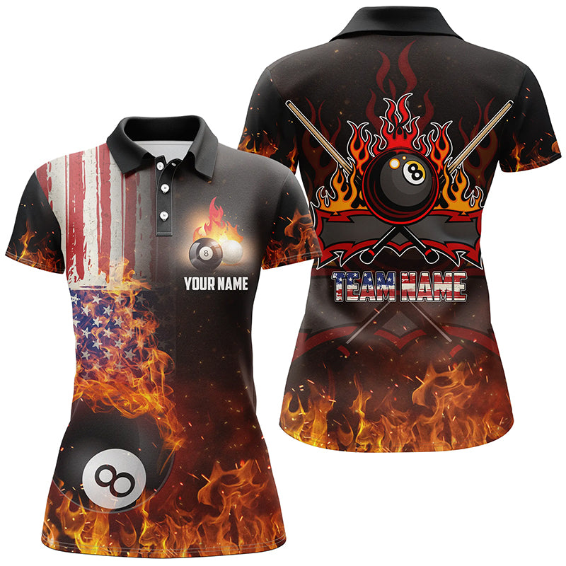 Personalized US Flag 8 Ball Pool On Fire Billiard 3D Polo Shirts For Women, Custom Billiards Jerseys VHM0422