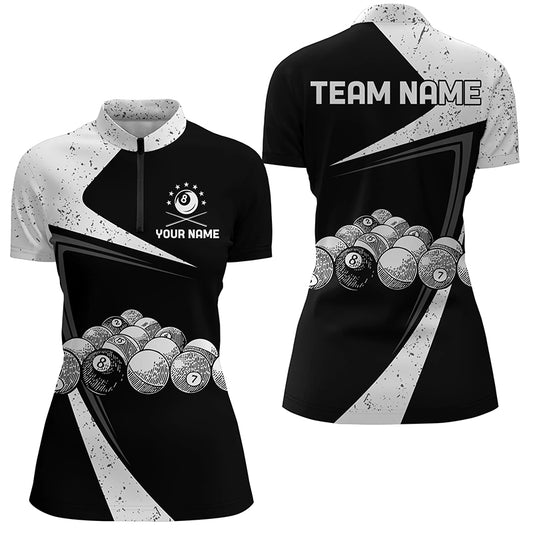 Personalized Black White Grunge Billiard Balls Quarter-Zip Shirts For Women, 8 Ball Pool Team Shirts VHM0787