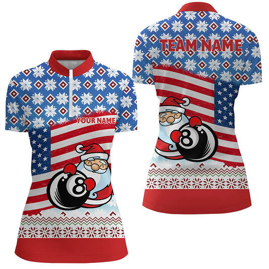 Personalized US Flag 8 Ball Pool With Santa Christmas Billiard Quarter-Zip Shirts For Women VHM0626