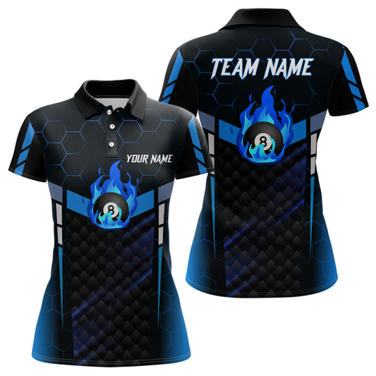 Personalized Blue Fire 8 Ball Billiard 3D Polo Shirts For Women, Custom 8 Ball Pool Team Jerseys VHM1017