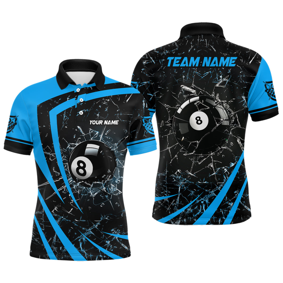 Personalized Blue Glass Break 8 Ball Billiard 3D Polo Shirts For Men, Custom 8 Ball Pool Jerseys VHM1151