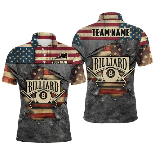 Billiards Vintage US Flag Custom Billiard 3D Polo Shirts For Men, Custom 8 Ball Pool Team Shirts VHM0448