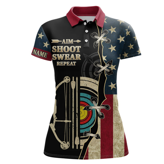 Personalized Aim Shoot Swear Repeat US Flag Archery Polo Shirts For Women Custom Retro Target Archery Shirts VHM0660