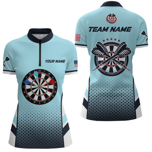 Personalized Blue American Flag Darts Quarter-Zip Shirts, Dart Shirts For Women Dart Team Jerseys VHM1110