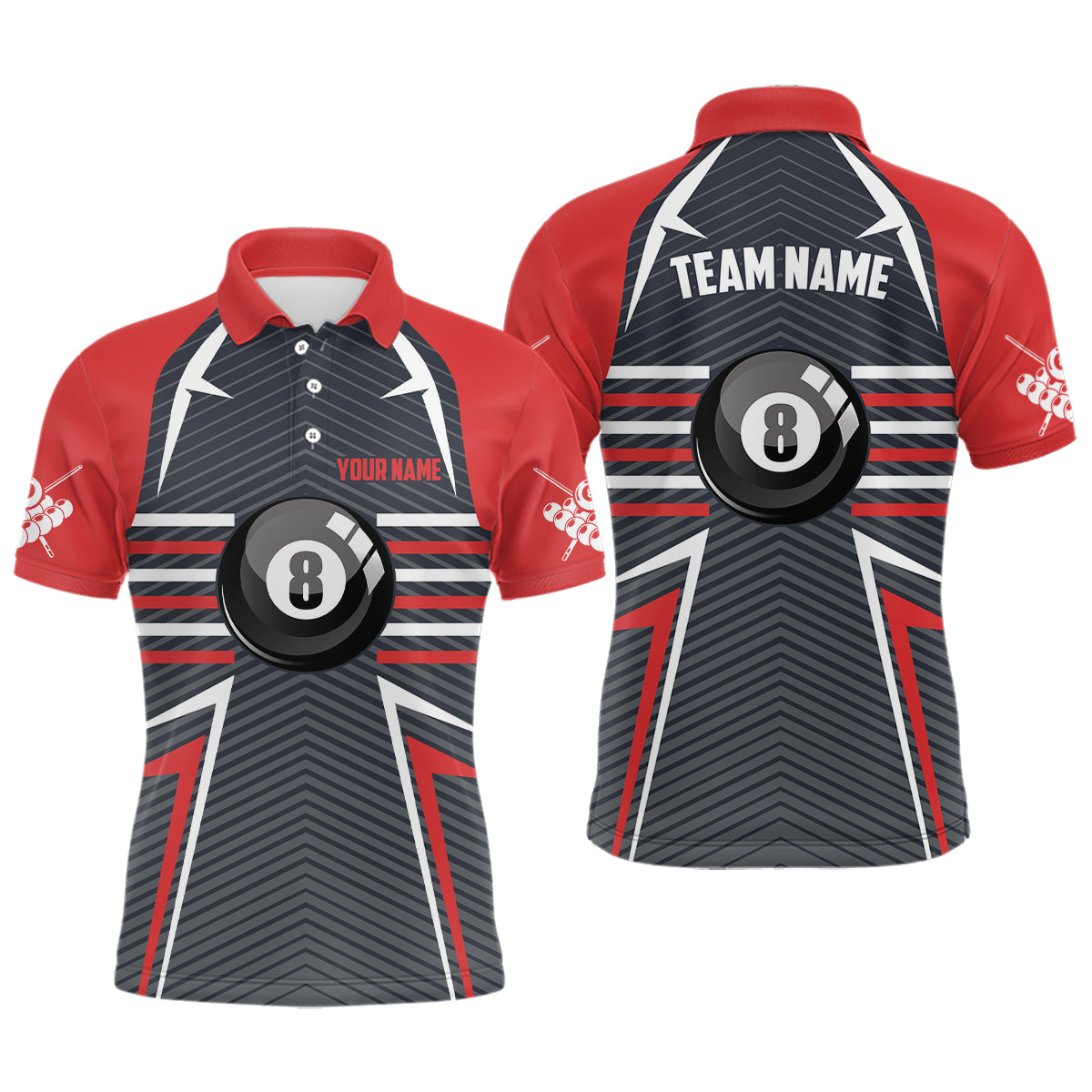 Personalized 8 Ball Billiards Red Grey Polo Shirts For Men, Custom Name Pool Billiard Jerseys VHM0291