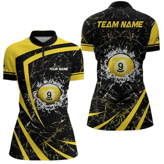 Personalized Yellow Glass Break 9 Ball Billiard 3D Quarter-Zip Shirts For Women, 9 Ball Pool Jerseys VHM0972