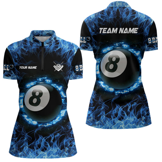 Personalized Blue Fire 8 Ball Pool Billiard 3D Quarter-Zip Shirts For Women, Custom Billiards Jerseys VHM0558