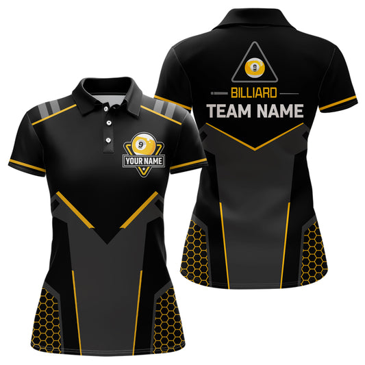 Personalized Style Black Yellow 9 Ball Billiard 3D Polo Shirts For Women, 9 Ball Pool Team Jerseys VHM1053