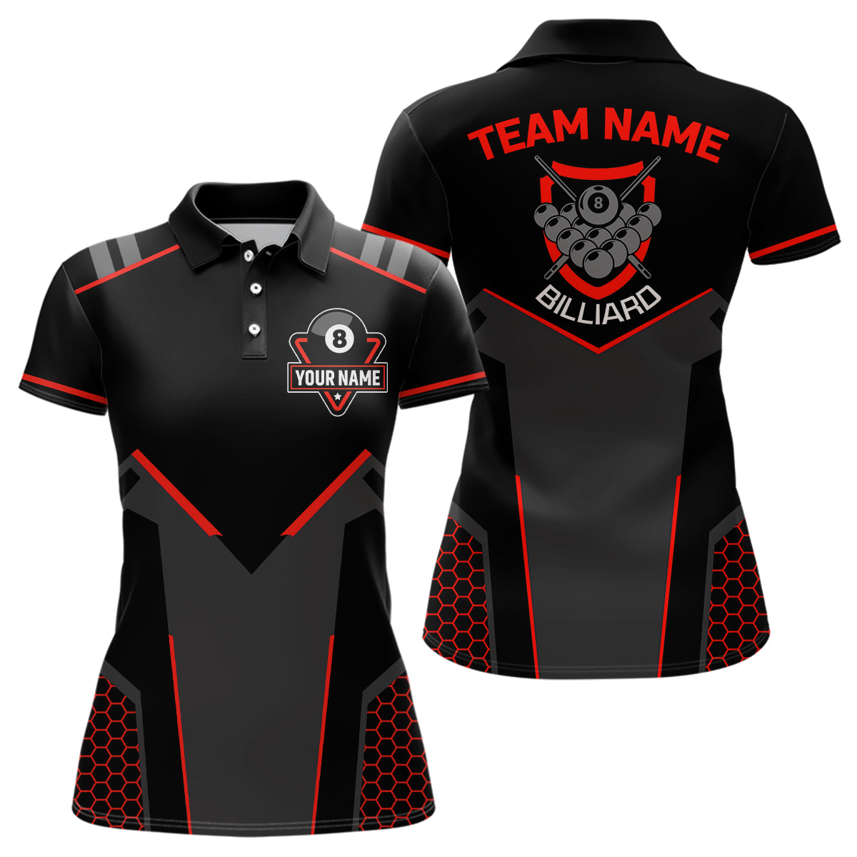 Personalized Style Black Red 8 Ball Billiard 3D Polo Shirts For Women, Custom 8 Ball Pool Team Shirts VHM1056