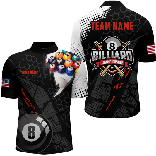 Personalized 3D Billiard Balls Black Quarter-Zip Shirts For Men, US Flag 8 Ball Billiard Jerseys VHM0574