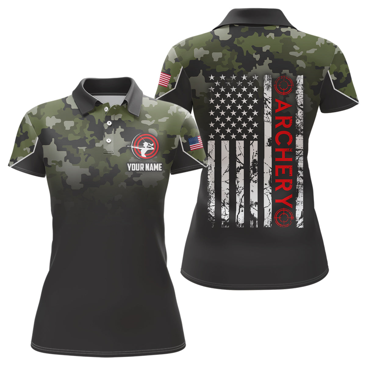 Personalized Green Camouflage Archery Polo Shirts For Women Custom Grunge US Flag Archery Shirts VHM0737