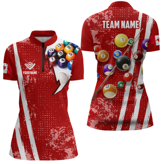 Personalized Red 3D Billiard Balls Quarter-Zip Shirts For Women, Canadian Flag 8 Ball Pool Jerseys VHM0757