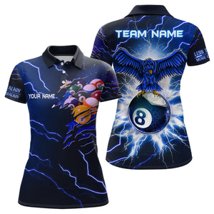 Personalized Thunder Pattern Eagle 8 Ball Billiards Blue 3D Polo Shirts For Women, Billiards Jerseys VHM0375