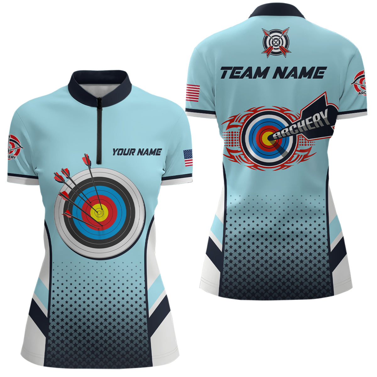 Personalized US Flag 3D Target Archery Quarter-Zip Shirts For Women, Custom Blue Archery Jerseys VHM0586