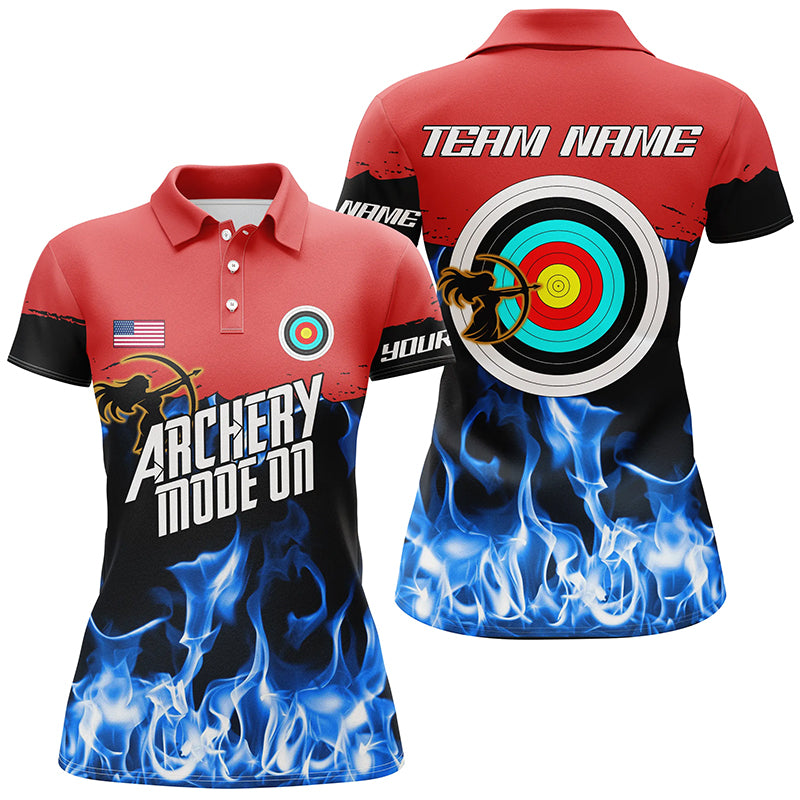 Personalized Red Blue Flame Archery Mode On Polo Shirts For Women Custom Archery Team Shirts TDM0516