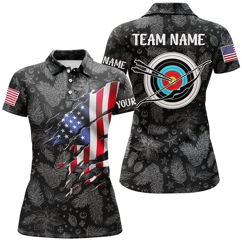 Personalized Christmas USA Flag Archery Women Polo Shirts Custom Merry Christmas Shirts For Archer TDM0497