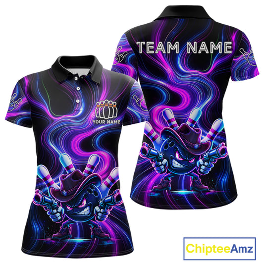 Custome Neon Blue Purple Funny Bowling Shirt For Women, Bowling League Team Jersey Polo & 1/4 Zip TDM6277