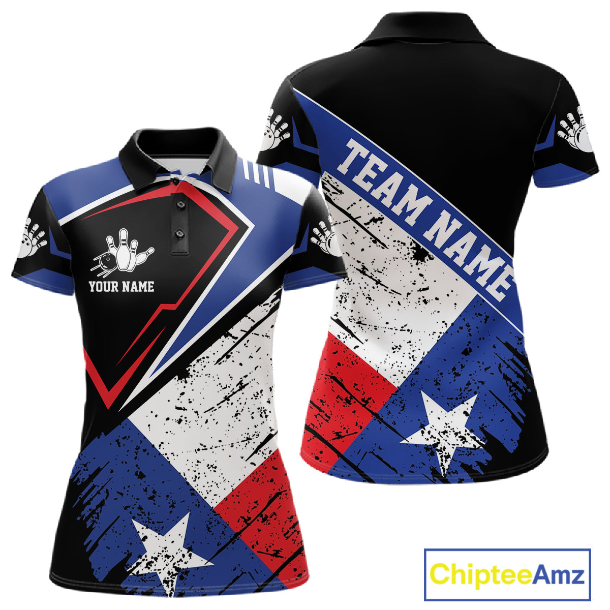 Grunge Texas flag bowling polo shirt for women with patriotic custom team graphics.