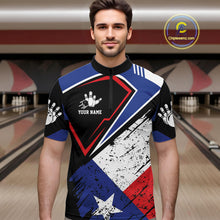 Load image into Gallery viewer, Man wearing a grunge Texas flag bowling quarter zip jersey during league play front view.