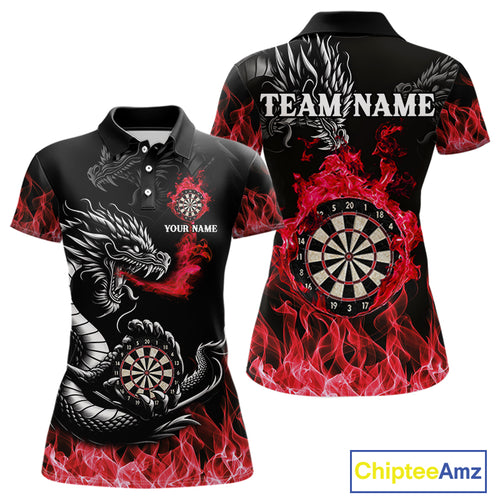 Personalized Red Flaming Dragon Dart Shirts For Women Custom Darts Team Jerseys Polo & Quarter Zip TDM4310