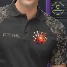 Load image into Gallery viewer, Close-up of the collar, buttons and chest detail on the personalized retro camo US flag patriotic bowling polo shirt for men.
